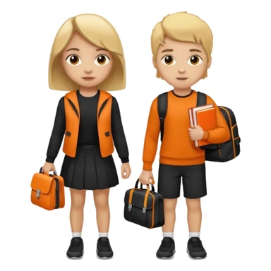 light skin students girl and boy with school bag full of books on hand and dumbell in other hand. Clothes are in black and orange colours. They are going to the gym. They have brown and blonde hair. Dumbell is visible in hand sticker