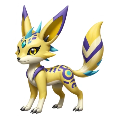 Splash-marked Colorful Patterned Exotic Meloetta-Zeraora-Lombax-Renamon-Protogen-Palkia-hybrid-fusion-Fakémon-creature, full body sticker