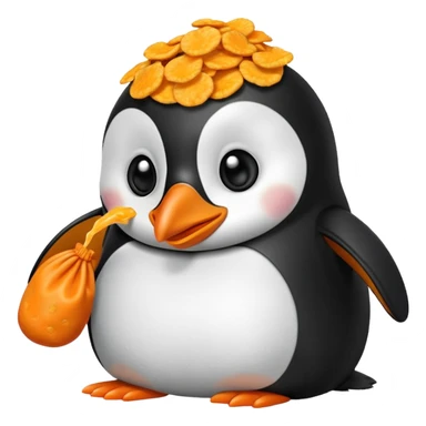 Penguin eating a bag of Cheeto puff chips sticker