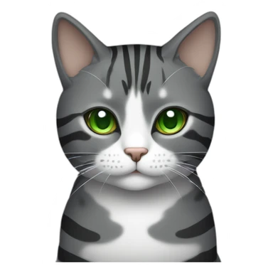 Chubby Striped dark grey female cat with Green eyes and white chest sticker