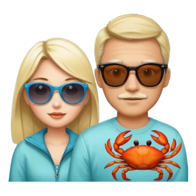 Men and girl Alaska crab are moving wearing a sunglass and 海港薈 sticker