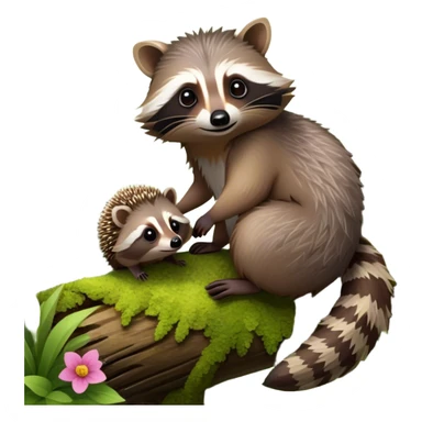 Collage of an exotic raccoon and a hedgehog, both curiously exploring a forest setting with moss and small flowers. The raccoon is perched on a tree branch, and the hedgehog is nestled in the underbrush. Vibrant nature backdrop. Transparent background. sticker