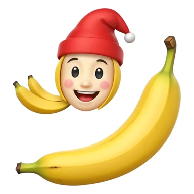 A 3D cartoon banana with a red nose and tiny hat, smiling face, playful pose, Memoji-style. sticker