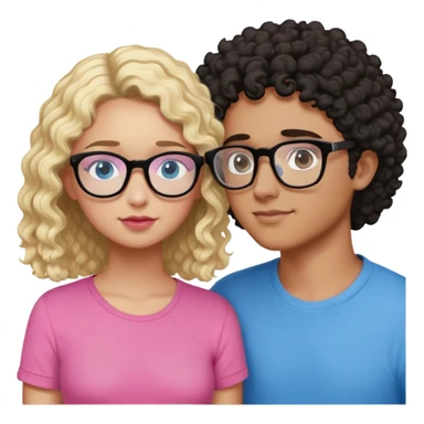 intimate moment between lovers, boy he has, blonde hair black glasses and blue eyes and a black shirt, Girl with a mixed skin tone, she has dark brown curly hair, pink glasses, and a pink shirt sticker