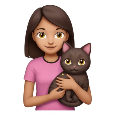 As una chica con piel marron claro con el pelo  medio largo color marron oscuro que tenga la chica una camiseta rosada mangas cortas con un jean claro que tenga ojos marrones la chica que la chica este sonriendo mientras sostiene entre sus brazos un gato negro gordito. sticker