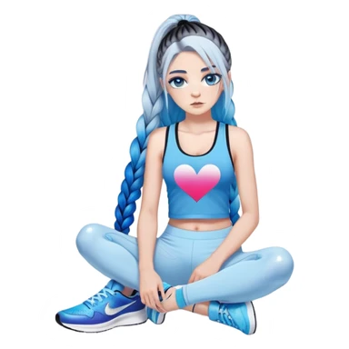 Broken hearted-Female-very very very large chest-texting on a samsung cell phone-very long straight braided black to sky blue hair ombre-blue eyes-black eyeliner-long eyelashes-iridescent low cut tank top with glitte logo-white leggings-nike high top sneakers sticker