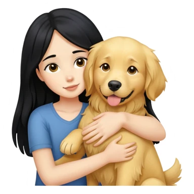 A girl with long black  hair tightly hugged a Golden Retriever sticker