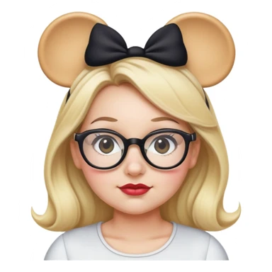 Thick Woman Hazel eyes glasses blonde hair wearing black Minnie mouse ears sticker