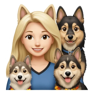 a lady, blonde long hair with 2 german shepards and one black and white alaskan malanute sticker