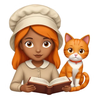 Brown girl wearing a bonnet reading a book with her orange cat laying next to her sticker