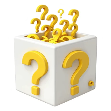 white cube shaped box printed with "q&a" over stuffed with yellow question marks sticker
