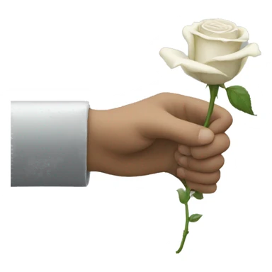 a hand coming out from the bottom of the screen, showing the back of his hand, which is holding a white rose from the stem sticker