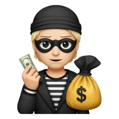 a short ios emoji-style portrait of a classic burglar, a black eye mask and a black-and-white striped shirt. emoji-like hair, black hat, ONE bag of money 💰 with a dollar sign in a right corner, evil expression WITHOUT a hand  sticker