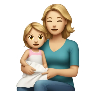 White mom with light brown hair two year-old daughter with light brown hair holding a napkin to her nose sitting on her mom’s lap sticker