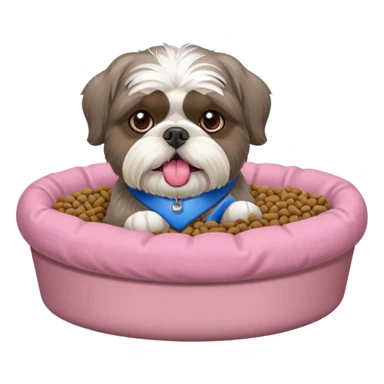 old ALL grey shih tzu in pink dog bed tongue hanging out near bowl of food sticker