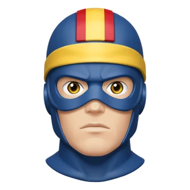 marvel superhero cyclops x-men. blue cowl with iconic yellow visor with red stripe through sticker