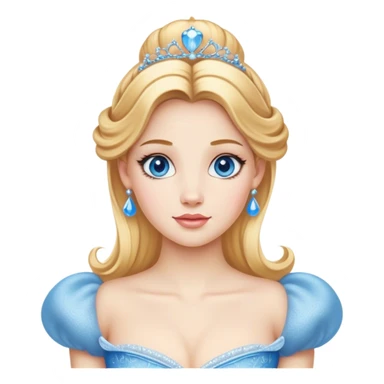 Cinematic Realistic Comical Cinderella Portrait, with every detail rendered realistically—from the soft, smooth texture of her fair skin to her artfully styled golden-blonde hair. Her bright blue eyes are wide with playful disbelief, and her expression carries a touch of whimsical humor while retaining elegant poise. Her classic ball gown, detailed with rich fabric textures and natural shadows, catches the light in a way that blends refined beauty with a hint of cheeky mischief, creating a striking, lifelike portrayal. sticker