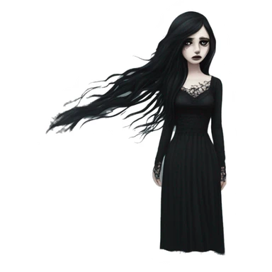 Dramatic girl  goth white pale with dark lighting  with black hair  in river with very very long lace dress  black long hair flying in the wind sad face  white eyes sticker