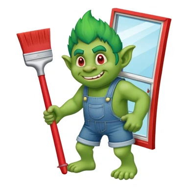 Troll wearing jorts cleaning a window using red squeegee sticker