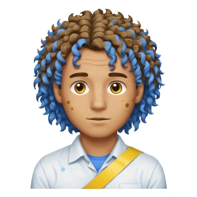 Make me an emoji that has a guy with a white shirt and yellow tape around the shirt with brown and blue spots hair make the hair curly make the yellow tape go around it sticker
