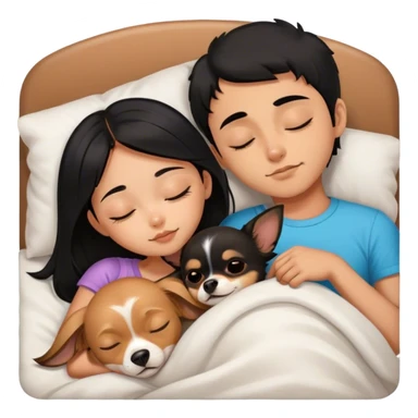 Coquette teenage cute asian black hair girl sleeping with brown longhair chihuahua and brazilian-guy, short-beard, short-black-hair sticker