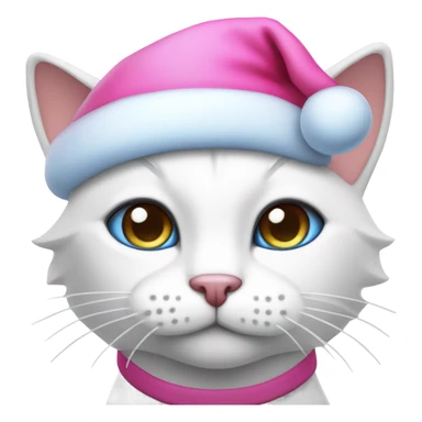 White cat with a pink nose and blue eyes wearing a Santa hat sticker