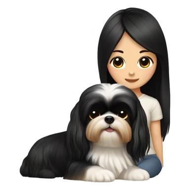 long black hair korean girl with her beige and black shih tzu yorkie. The dog has short floppy ears and has light distinct eyebrows  sticker