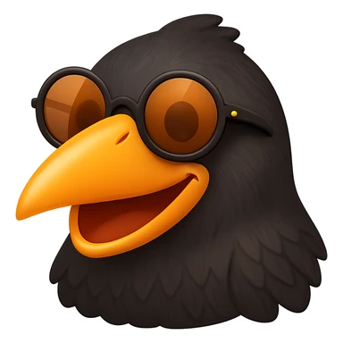 Make the bird emoji more emoji-like, keeping the detailed, slightly cartoonish style and subtle emoji shine. Define the feathers just a bit more than before, but keep it clean and not too realistic. Keep the orange beak and round sunglasses. Bird with a big smile. No background. sticker