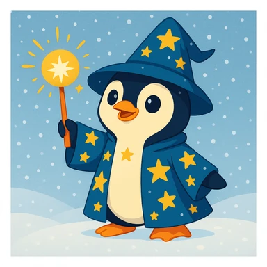 Add a snowy background behind the cute penguin wizard, ensuring the starry robe and hat remain visible and clear. sticker