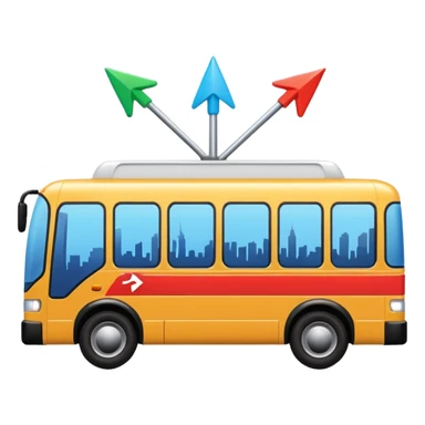modern bus at a slight angle with three colorful arrows pointing to city icons, no skyline sticker