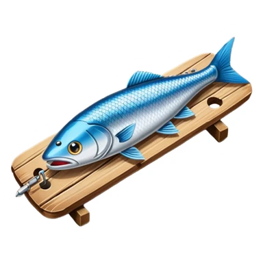 A metal lure set arranged on a wooden plank sticker