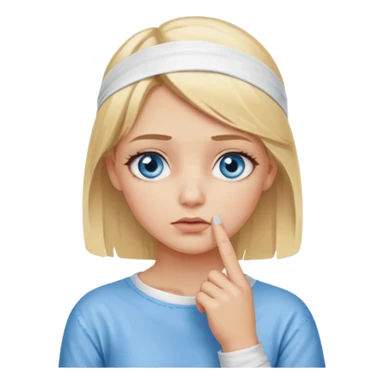 blonde-haired, blue-eyed, fair-skinned girl with a fully bandaged index finger, finger on chin, thinking sticker
