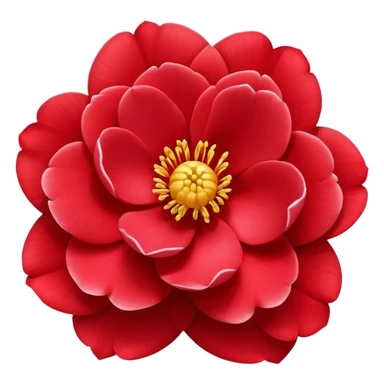 simple red camellia flower with exactly five overlapping petals and yellow center sticker