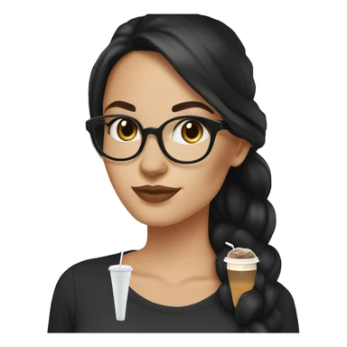 White girl with long black hair in a low ponytail, cat eye brown glasses in a black shirt drinking iced coffee sticker