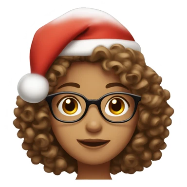 christmas girl with brown, large and curly hair, brown eyes, wearing glasses and a santa's hat sticker