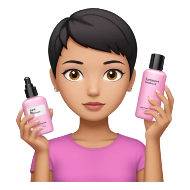 tan girl pink shirt with black hair & a pixie, doing her skin care sticker