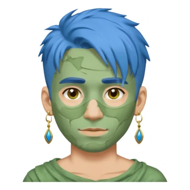 messy green clay mask man with earrings and blue hair sticker