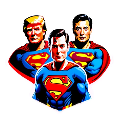Donal trump as Superman with a with Elon musk as robin sticker