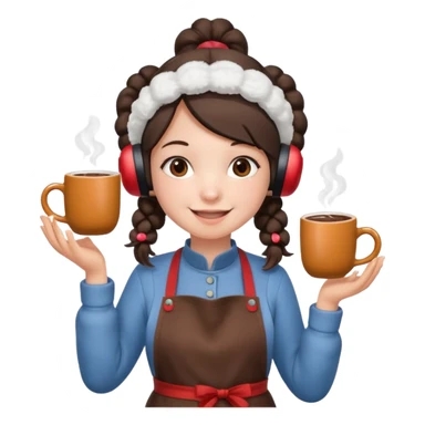 A cozy pig tail hair vendor with fluffy earmuffs, wearing apron handing out steaming cocoa with a warm smile. sticker