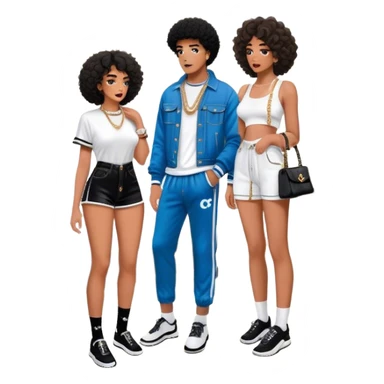 Man with loose curly tapered fro living his dream standing in the master bedroom of a mansion. He’s boo’d up with a pretty Brownskin big booty woman wearing a Chanel outfit with her holding a Chanel bag. The man has on a Fear of God Essentials outfit wearing designer socks. The man isn’t holding a bag sticker