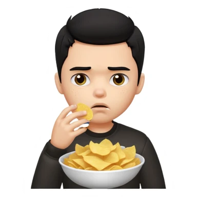 a PRETTY BRATZ boy with black hair, stuffing his face with chips and looking sad sticker