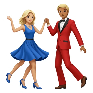 Two people. Man wearing all  RED with brown hair. Women  ALL blue with blond hair. Swing Dancing.  sticker