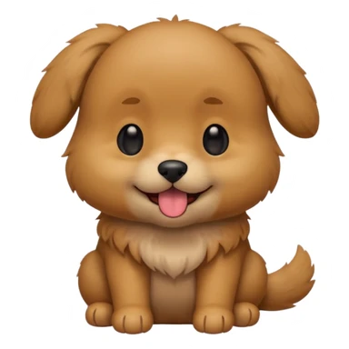 Cute small brown fluffy dog emoji icon. Round face, short muzzle, light brown fur with slightly darker ears, small black nose, happy smiling expression with tongue out. Soft friendly eyes, sitting pose with front paws together. Simple clean vector style, minimal details, kawaii style. sticker