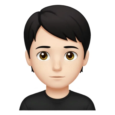 A beautiful boy with black hair and hazel green and brown eyes and white skin , with dark freckles and black t shirt with middle part hair hair with a center part haircut  sticker