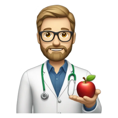 A male nutritionist with a full beard and dark blonde hair and white skin and glasses holding an apple in his hand. sticker
