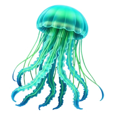 3D render of Jellyfish, bioluminescent deep sea style, glowing neon blue and green lights, dark background to contrast the glow, translucent organic textures. sticker