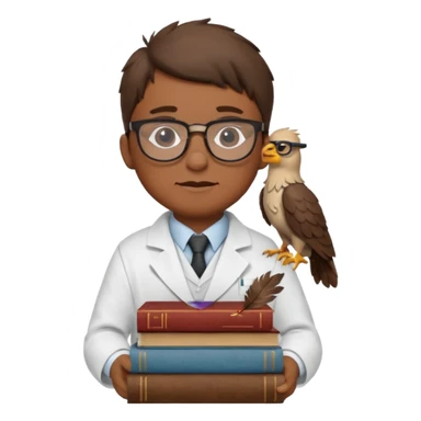 Wise grif with glasses, wearing a lab coat, perched on a stack of books. sticker