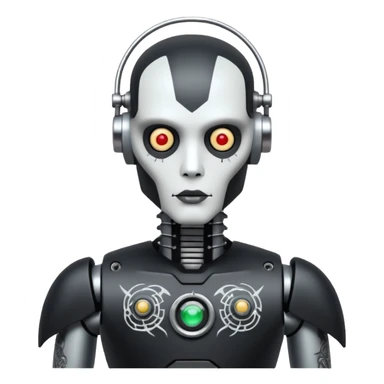 black metal Tatooed robot with radar, big many tatooes on chest, neck and face, white tatoo on face sticker
