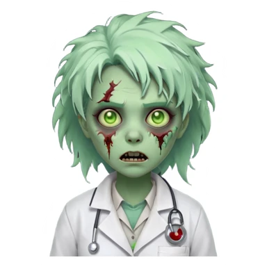 zombie scientist woman portrait, head and shoulders only, torn lab coat collar, pale green skin, stitched face details, glowing eerie eyes, messy hair, creepy but cute cartoon style, 3D cartoon, mobile game icon style, clean background, no text, no watermark
 sticker