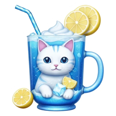 Blue lemonade with ice and a cat marshmellow and glitter  sticker